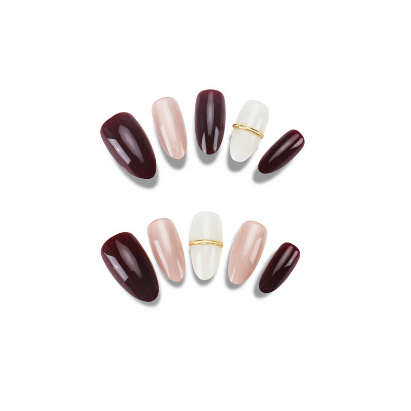 Elegant Almond-Shaped Press-On Nails Set with Gold Accents Kalsten