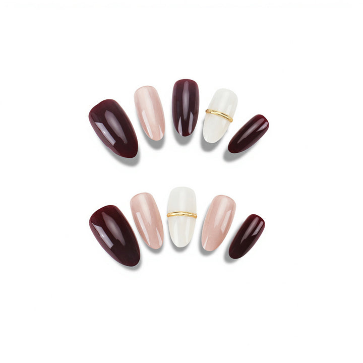 Elegant Almond-Shaped Press-On Nails Set with Gold Accents Kalsten