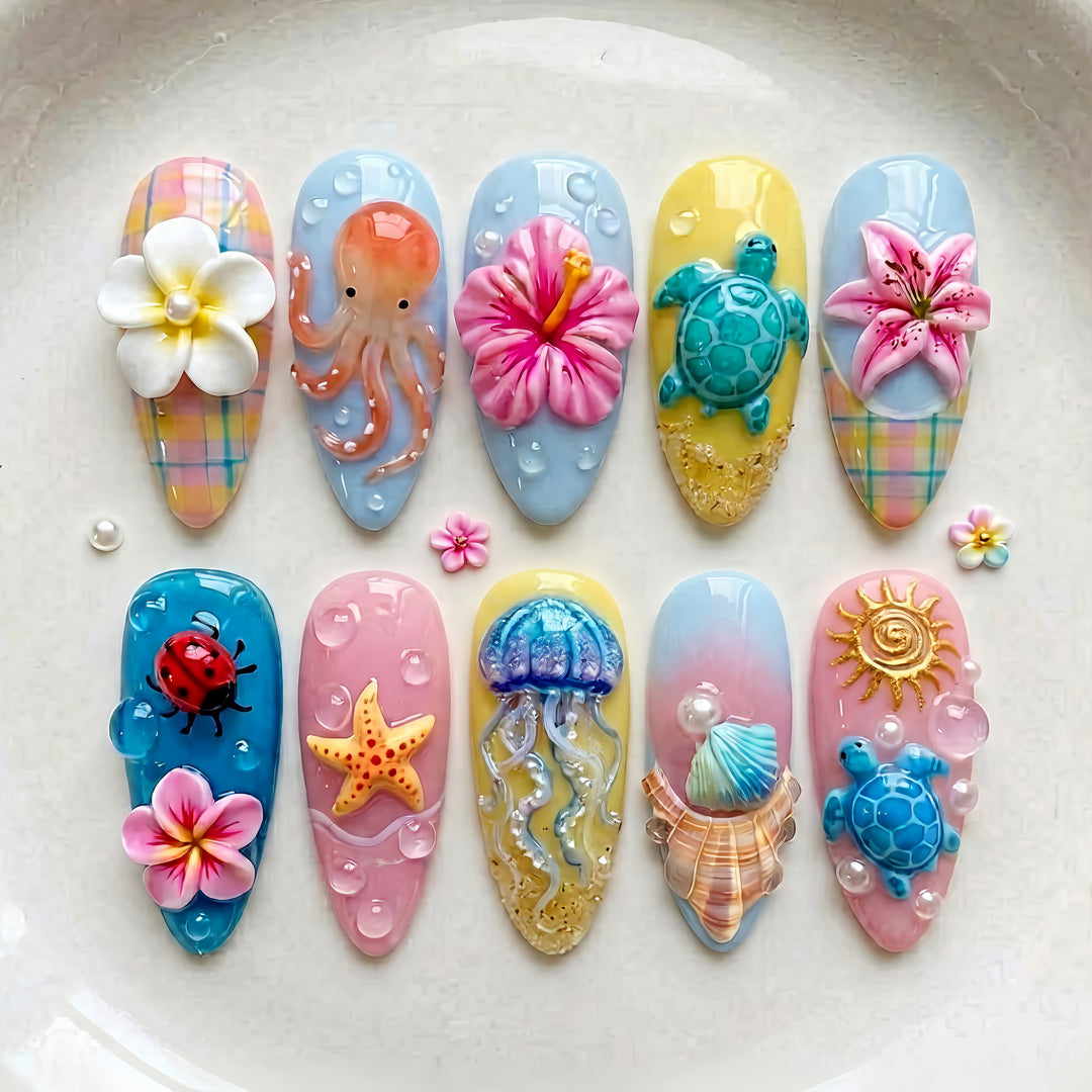 Artistic 3D Ocean-Inspired Press-On Nail Art Set Kalsten