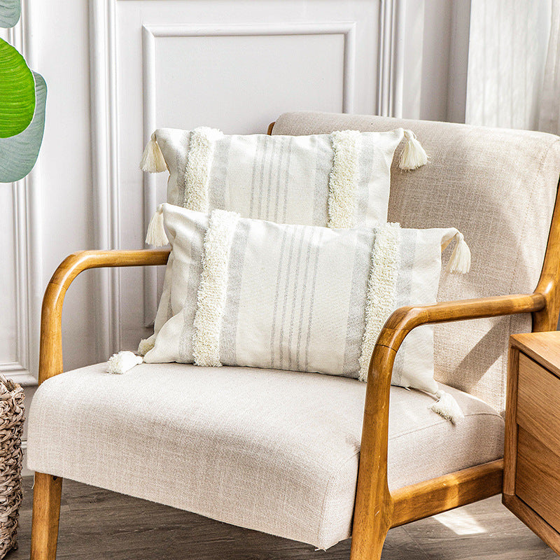 Square cotton pillow cover with fringe tassels and textured chenille stripes Kalsten