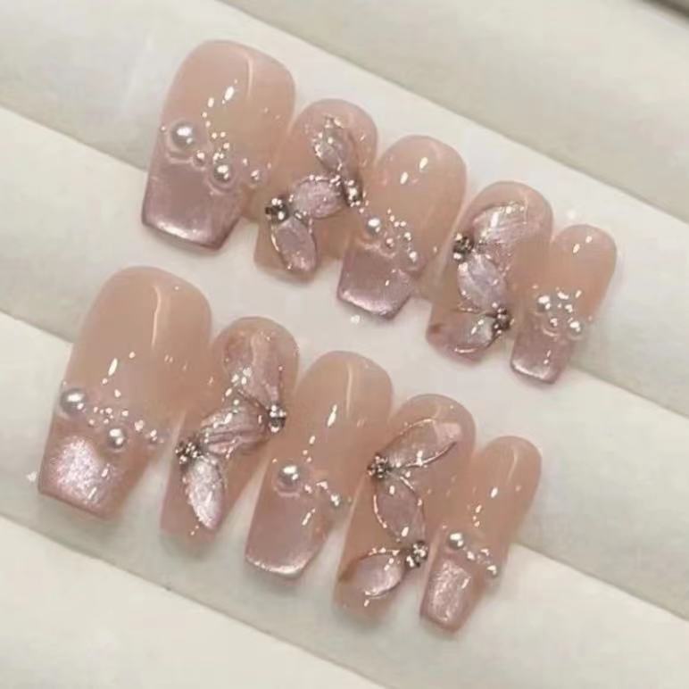 Artistic Floral Press-On Nail Set with Pearl Accents Kalsten
