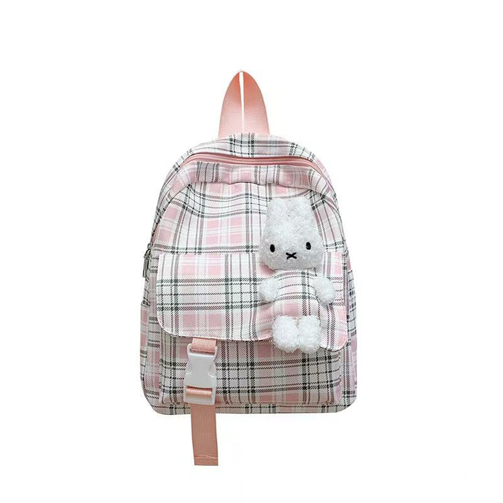 Backpack with Playful Checkered Pattern and Cute Plush Pendant Kalsten