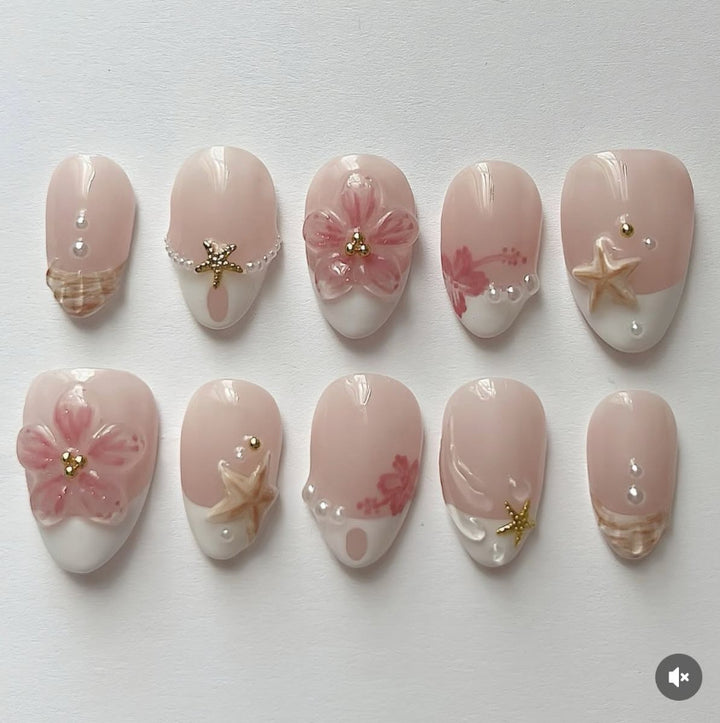 Artificial nail set with floral and maritime designs Kalsten