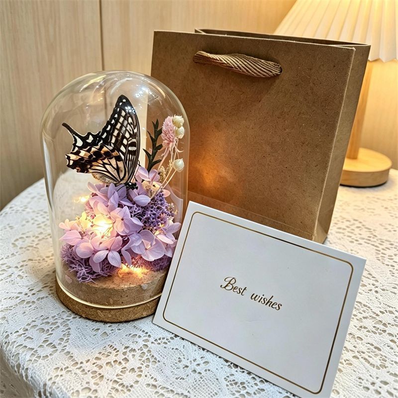 Glass Terrarium with Preserved Flowers and Butterfly