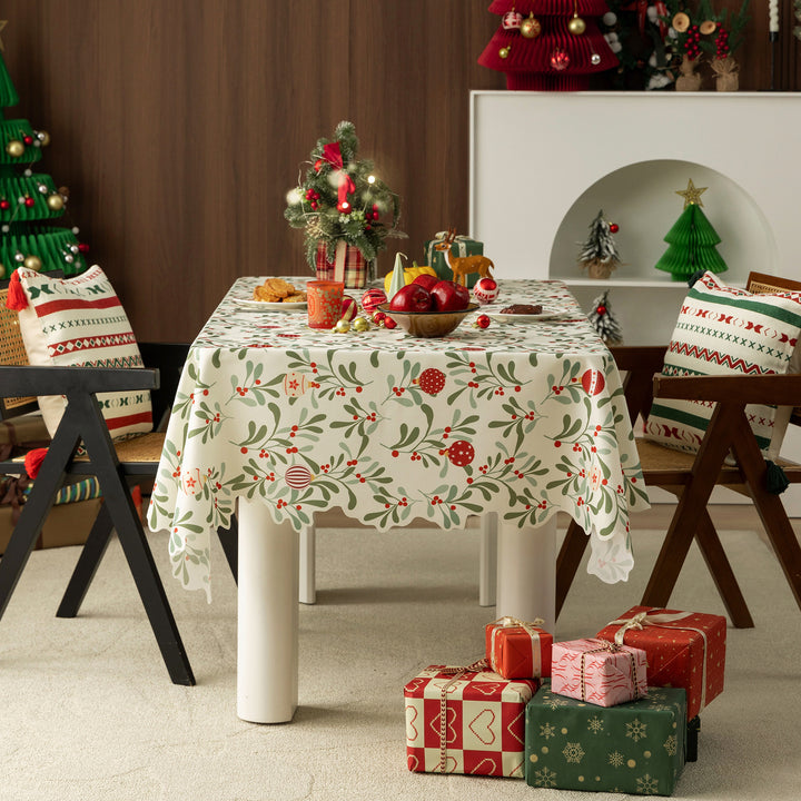 Festive rectangular tablecloth with mistletoe and Christmas ornament motif Kalsten