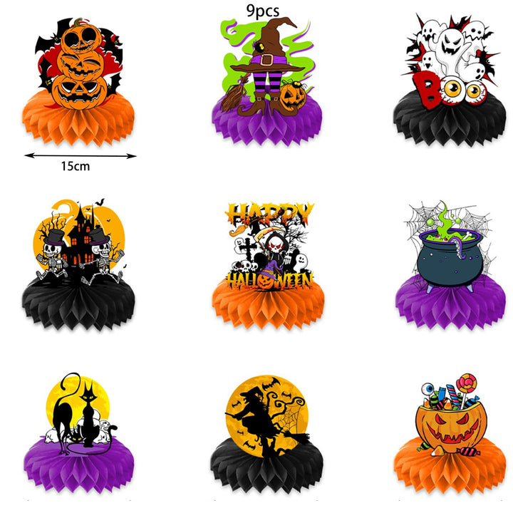 Paper Halloween table decoration with three-dimensional honeycomb centerpieces