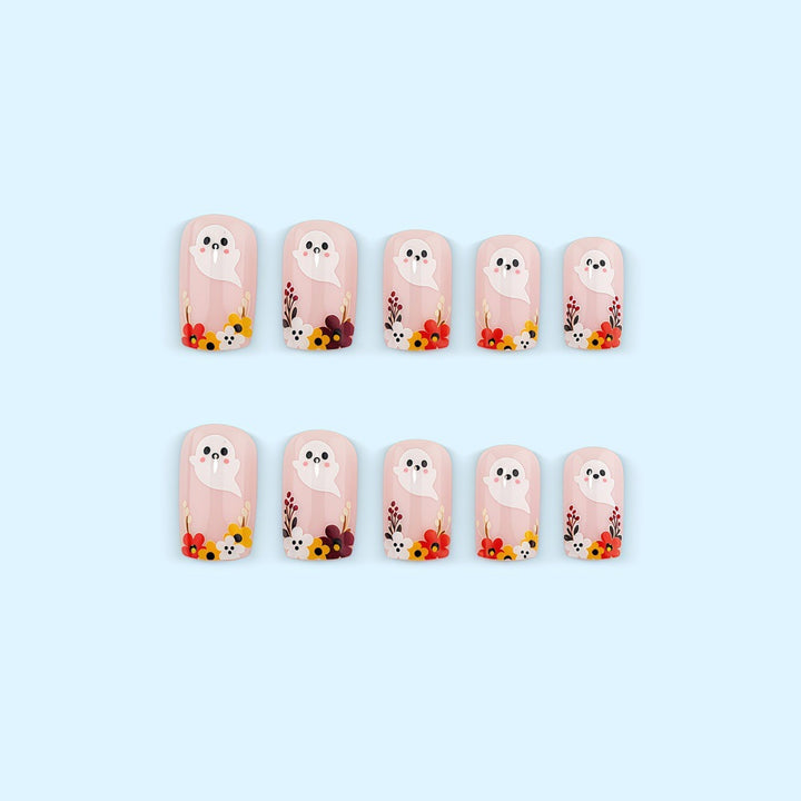 Artificial nails with ghost motif and flower accents Kalsten