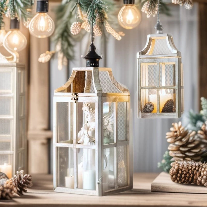 Rustic Windowpane Glass and Wood Candle Lantern with Hinged Door Kalsten
