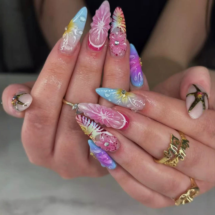Artistic Press-On Nail Set with Floral 3D Design Kalsten