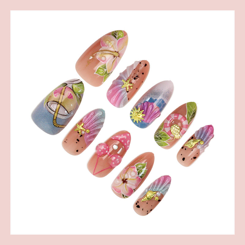 Artificial nail set with botanical designs and glamorous accents Kalsten