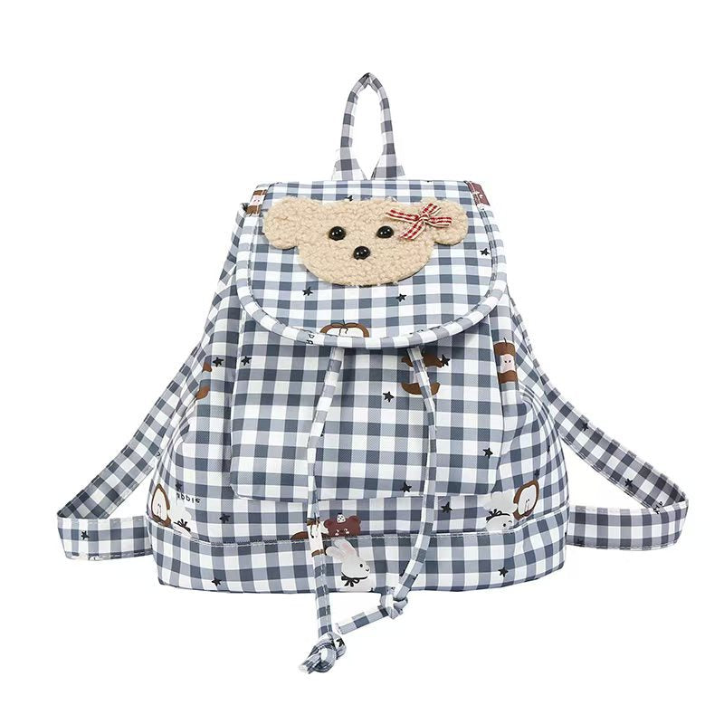 Backpack with Charming Plush Bear Motif and Playful Checkered Pattern Kalsten