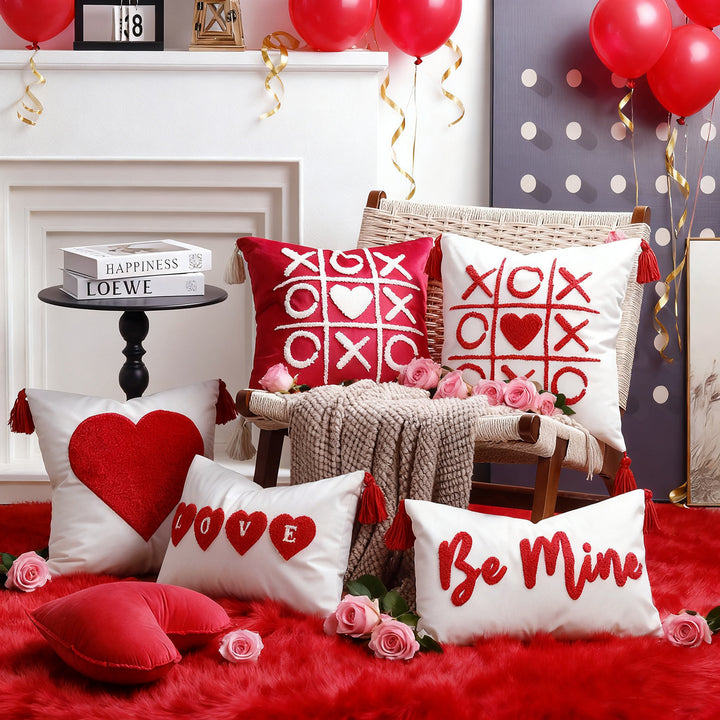 Square Decorative Pillow Cover with Fuzzy Heart Appliqué and Tassel Corners