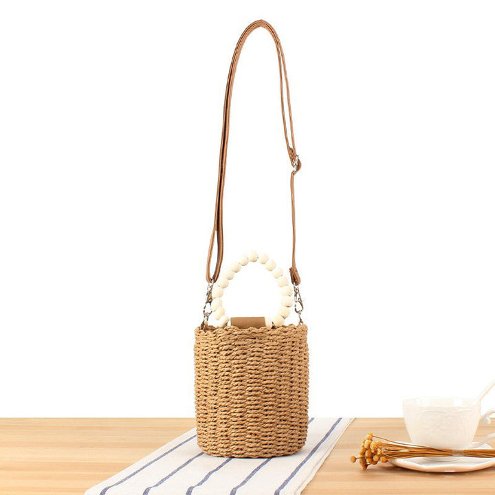 Basket bag with wooden handles and removable shoulder strap Kalsten