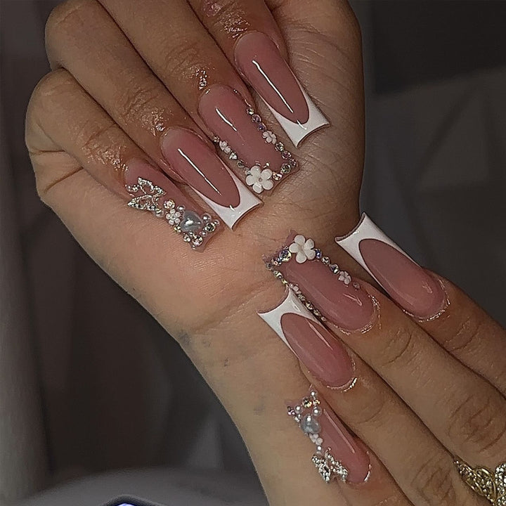 Decorative Acrylic Press-On Nail Set with Rhinestone and Floral Accents Kalsten