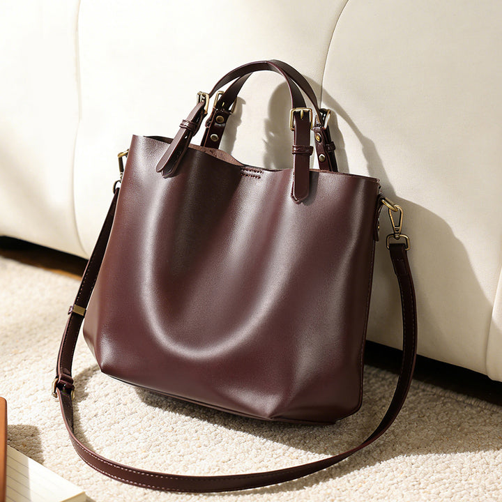 Structured Vegan Leather Bucket Tote with Adjustable Strap and Gold Hardware