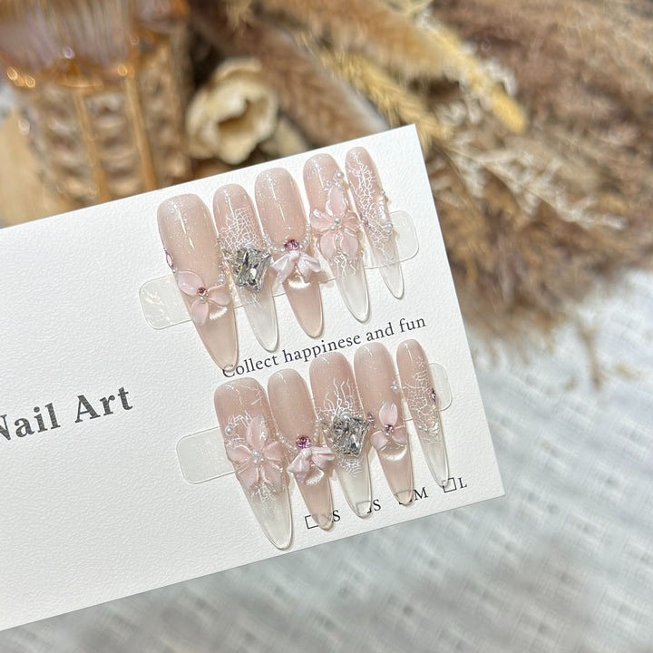 Decorative Press-On Nail Art Set with Floral and Gemstone Accents Kalsten