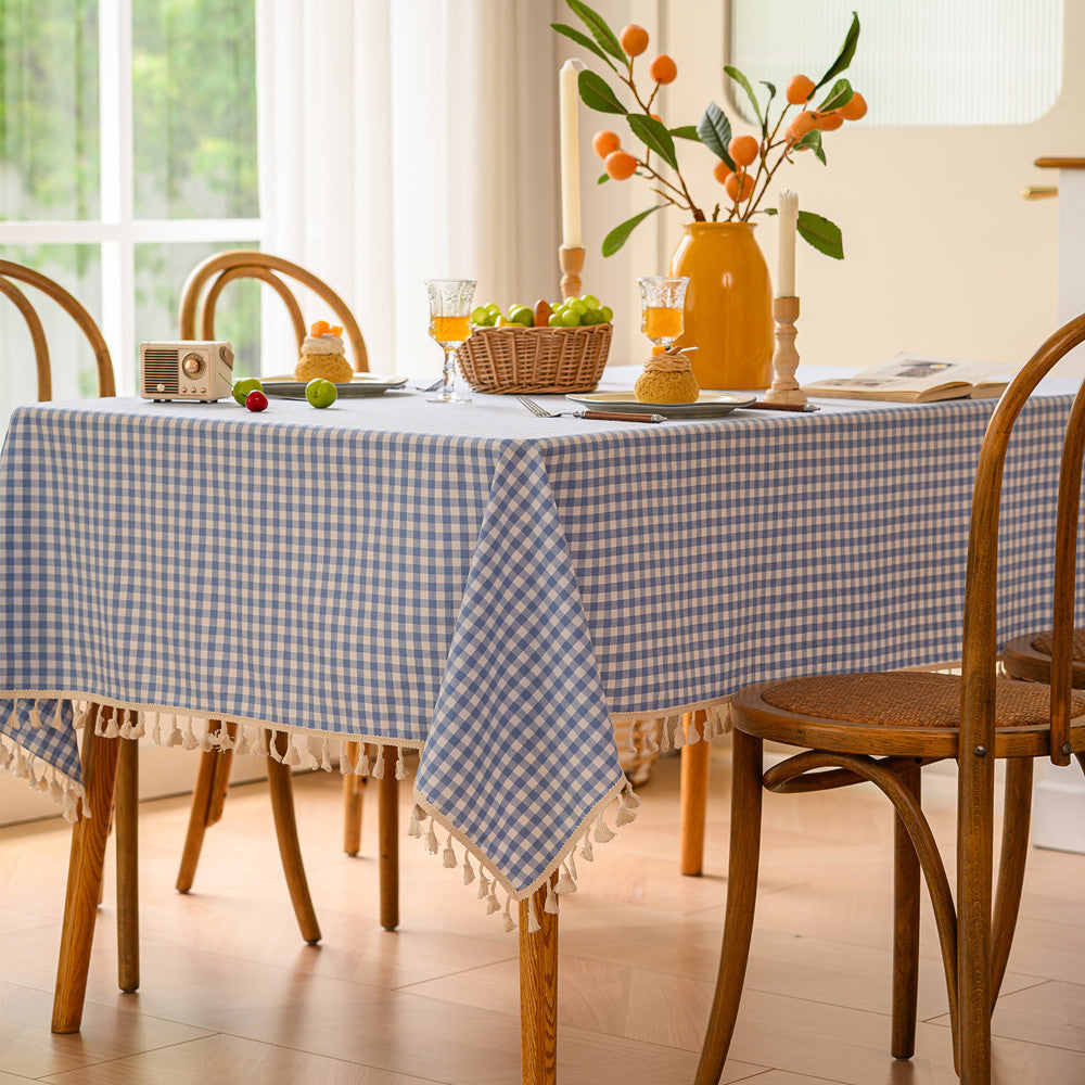 Gingham Patterned Tablecloth with Tassel Trim