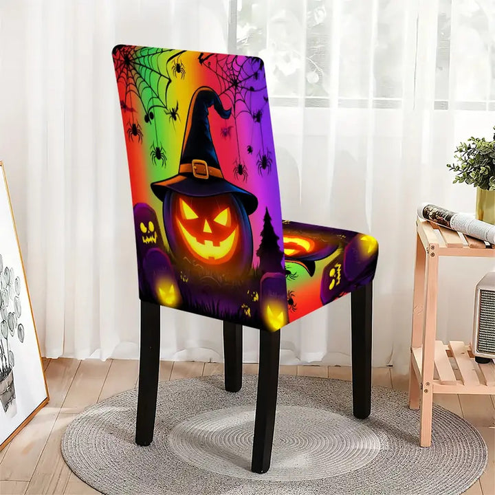 Elastic Stretch Chair Cover for High Backs with Detailed Halloween Pumpkin Print