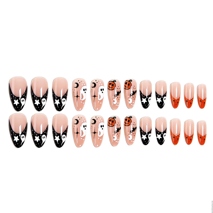 Halloween-themed artificial nails with ghost and pumpkin motifs Kalsten
