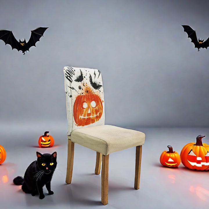 Stretch chair back cover with detailed pumpkin watercolor print and bat accents