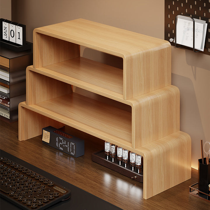 Low-Profile Curved Desktop Monitor Platform with Integrated Under-Shelf Organizer and Ambient Backlight