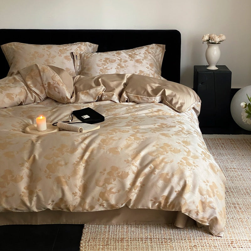 Luxurious satin bedding set with subtle floral jacquard