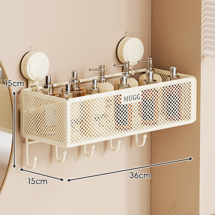 Wall-Mounted Suction Mesh Bathroom Organizer Shelf with Multi-Hook Rack