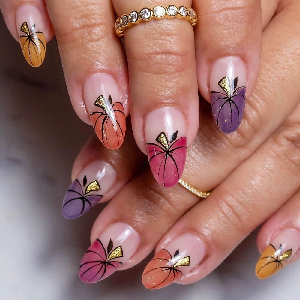 Artistic Press-On Nail Art Set with Pumpkin Design Kalsten