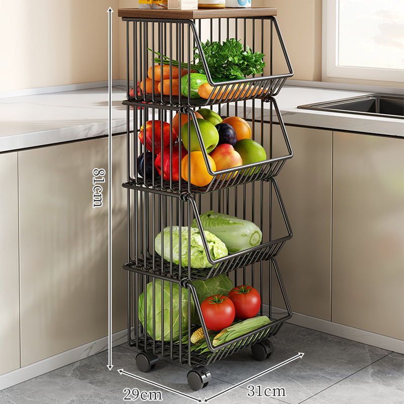 Countertop Wooden Top Metal Wire Fruit and Vegetable Storage Rack