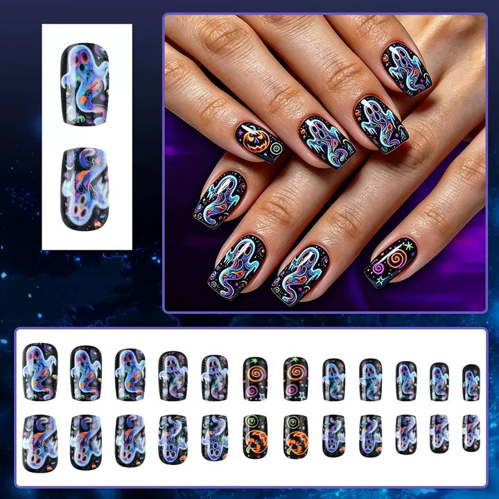 Creative nail art set with colorful Halloween designs and glitter effects Kalsten