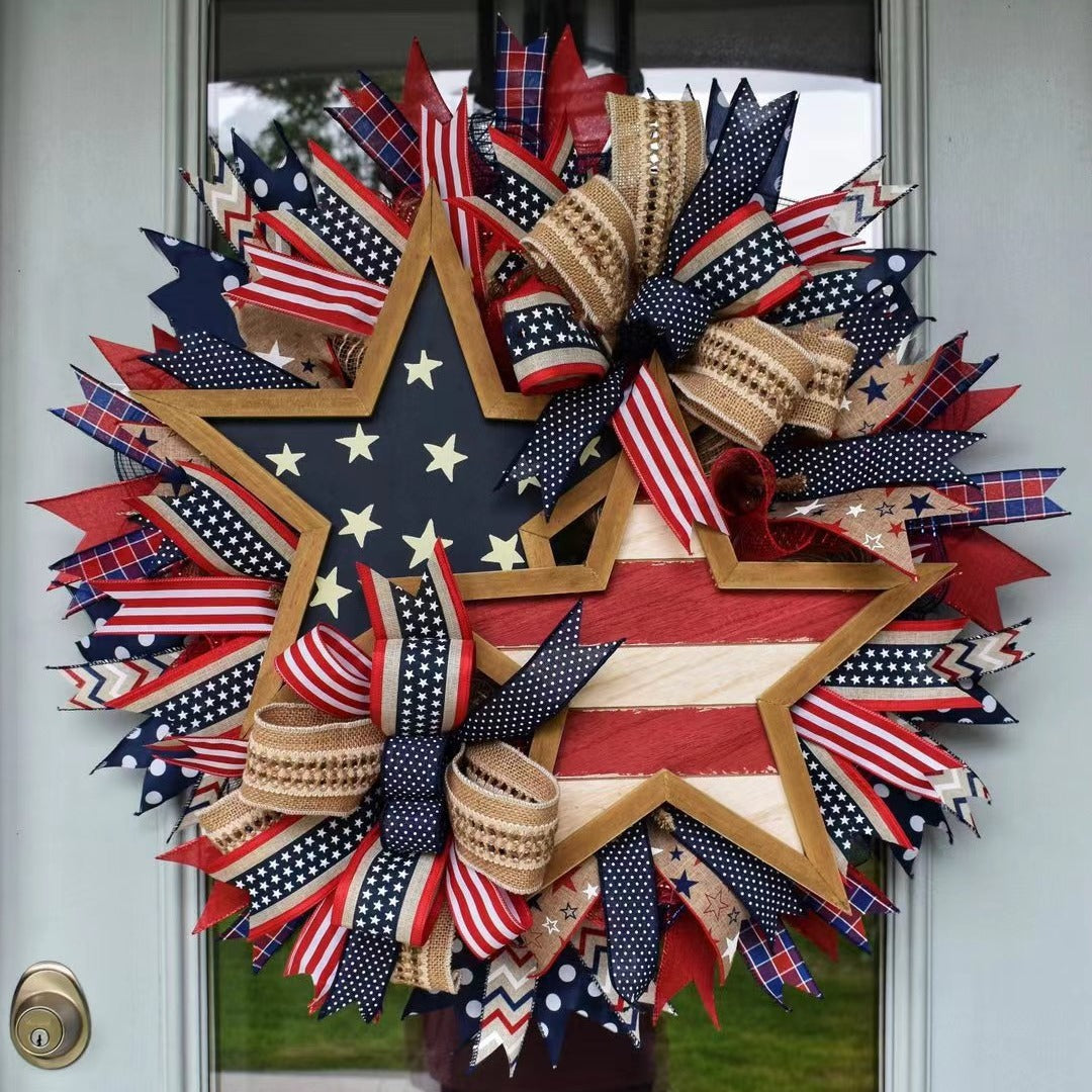Unisex nan handcrafted patriotic star wreath with layered wooden stars, burlap ribbons and wired accents Kalsten