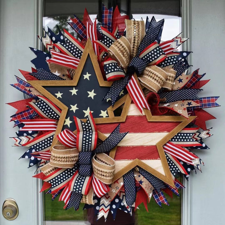Unisex nan handcrafted patriotic star wreath with layered wooden stars, burlap ribbons and wired accents Kalsten
