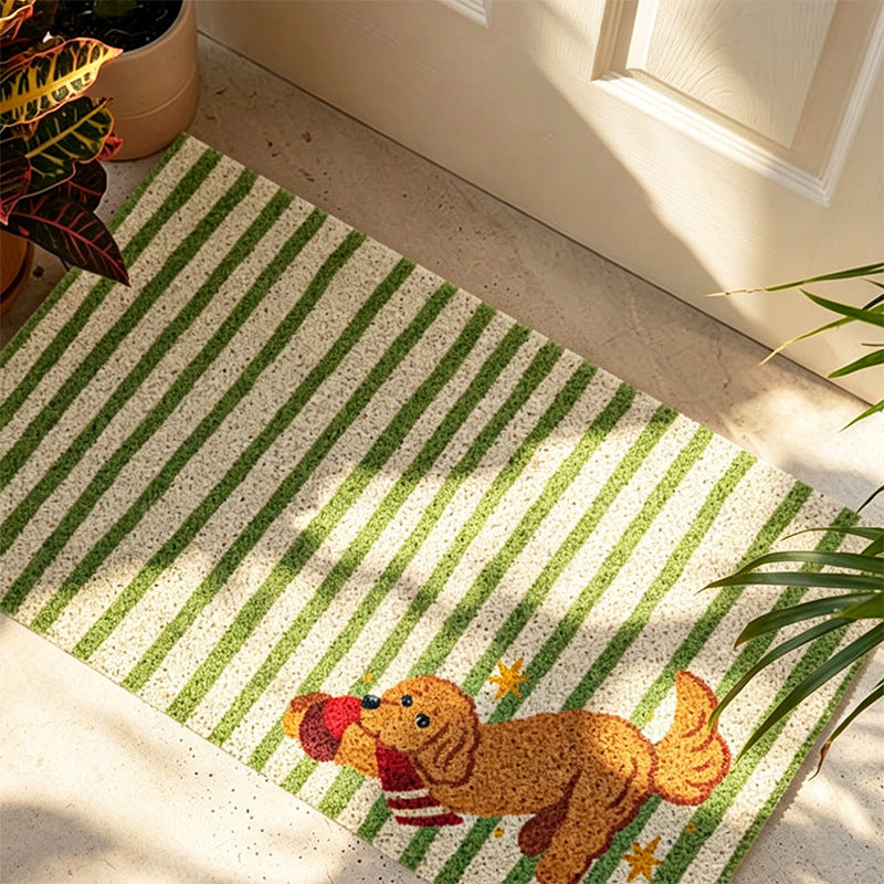 Coconut doormat with vertical striped structure and playful dog motif Kalsten