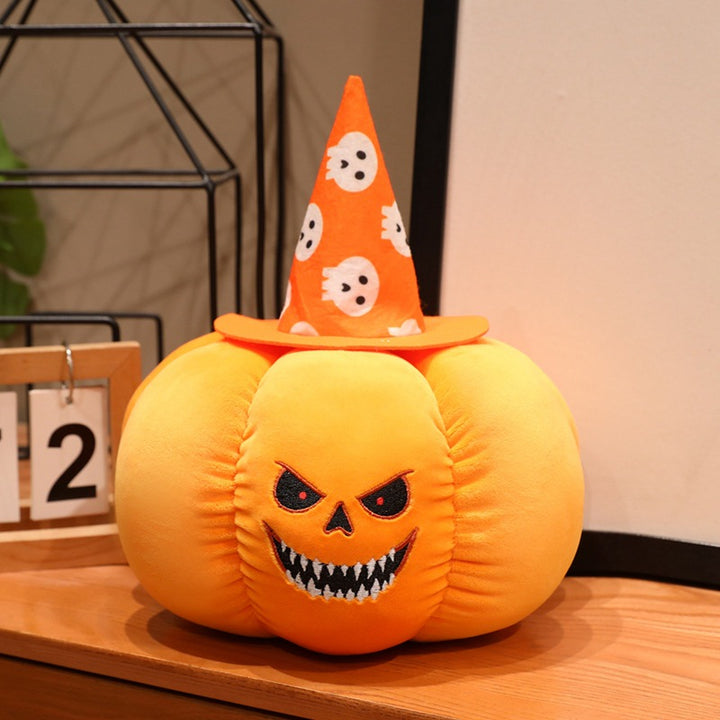Plush pumpkin decoration figure with witch hat and embroidered spooky face