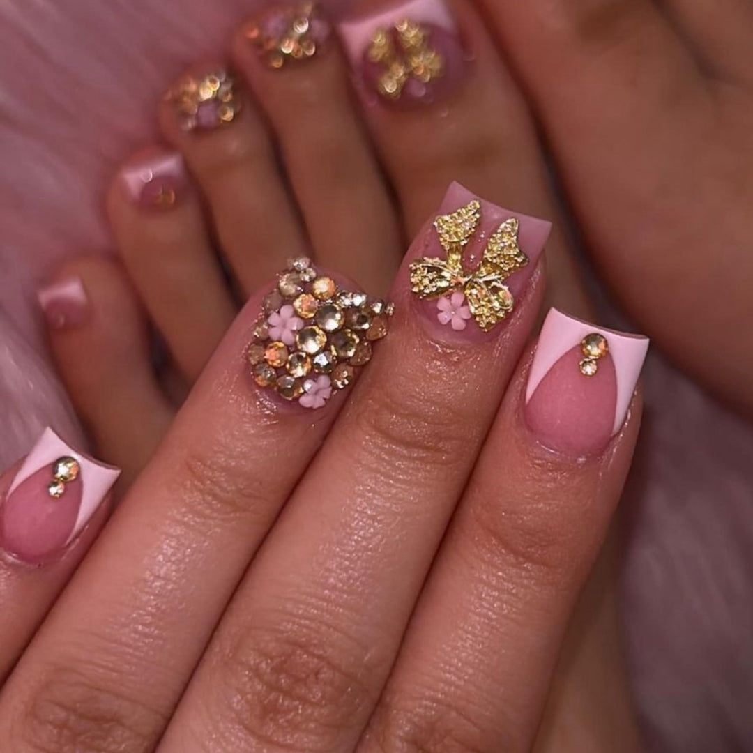 Glamorous Rhinestone and Floral Nail Art Kalsten