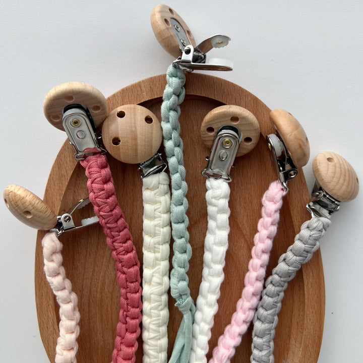 Braided Cotton Pacifier Clip with Wooden Safety Clip