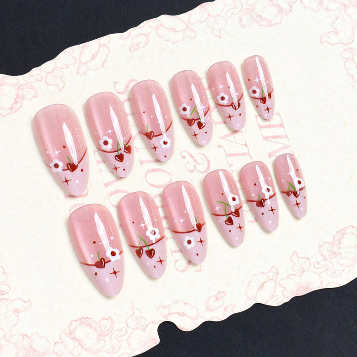 Artistic Press-On Nail Set with Cherry Blossom Design Kalsten