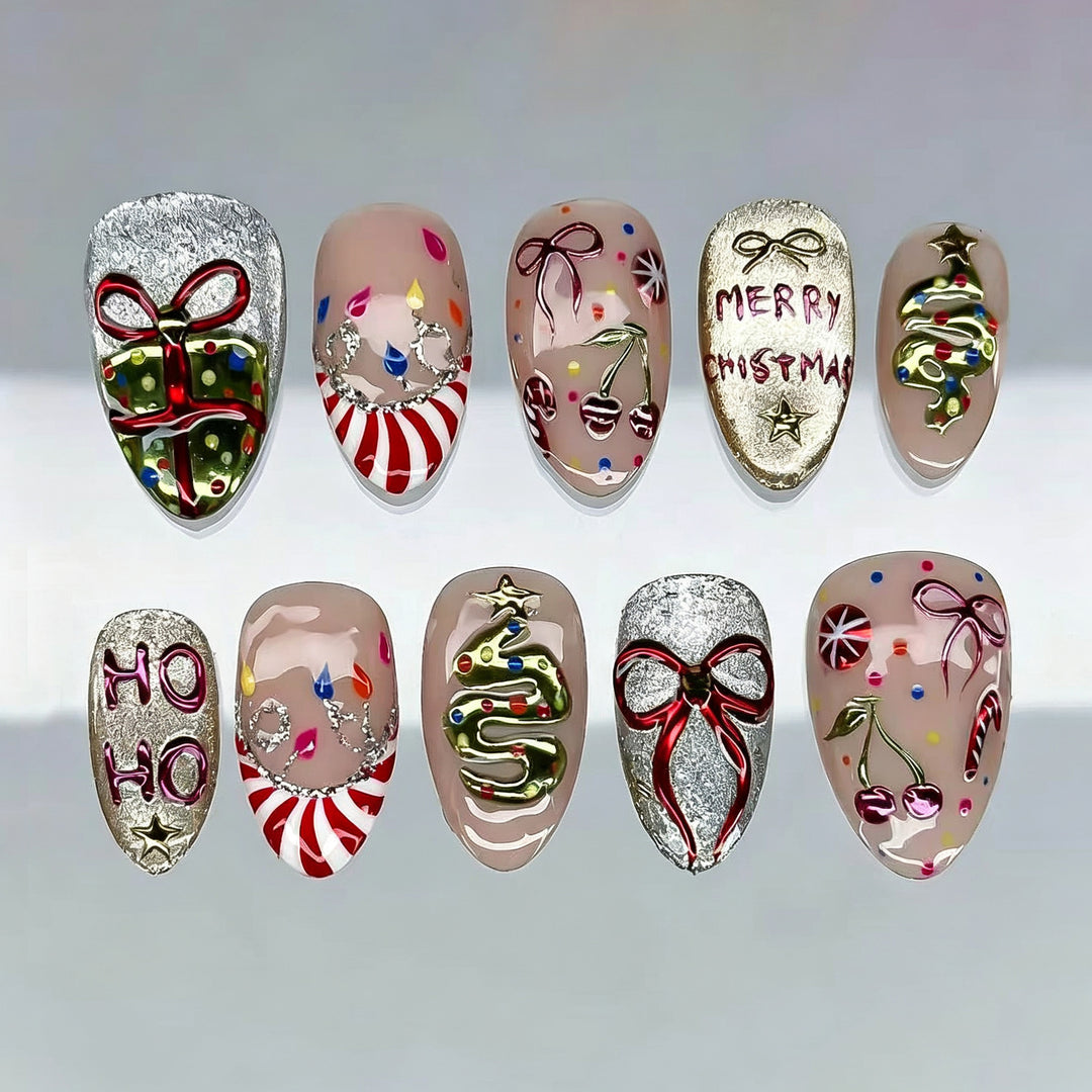 Festive Holiday-Themed Press-On Nail Art Set 1790738548