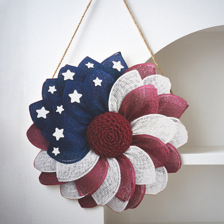 Unisex nan patriotic mesh sunflower wreath with star cutouts and rustic rope hanger Kalsten