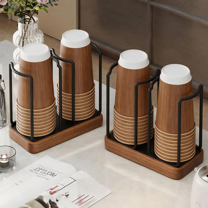 Countertop Paper Cup Dispenser with Wooden Base and Metal Frame