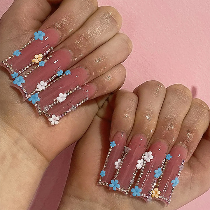 Decorative Press-On Nail Set with Floral and Gemstone Accents kalsten