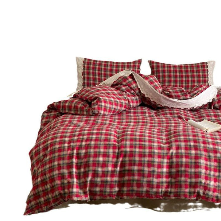 Reversible bedding set made of cotton percale with checkered Vichy pattern and solid colored reverse