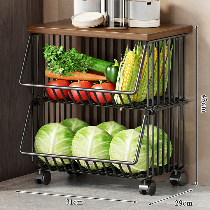 Multi-Tier Rolling Kitchen Pantry Cart with Wood Top and Deep Wire Storage Baskets