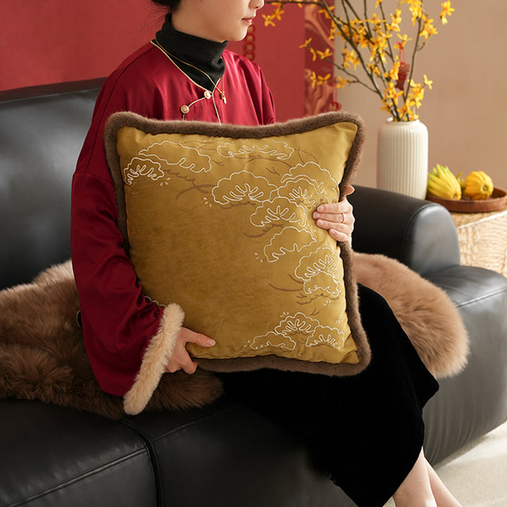 Square velvet cushion cover with intricate embroidery and faux fur trim Kalsten