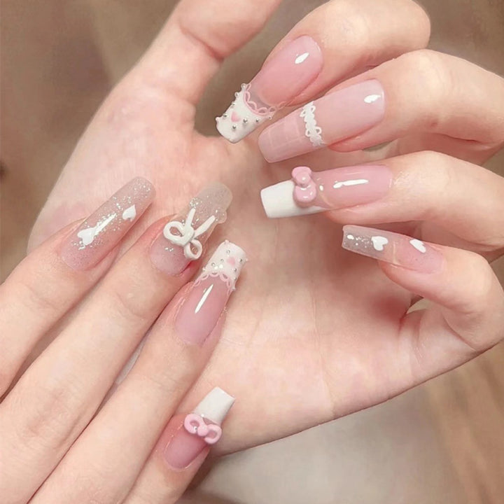 Artistic Press-On Nail Set with Floral and Gemstone Accents Kalsten