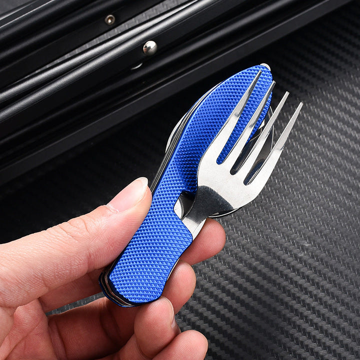 folding stainless steel camping cutlery set with textured grip locking hinge and compact travel clip Kalsten