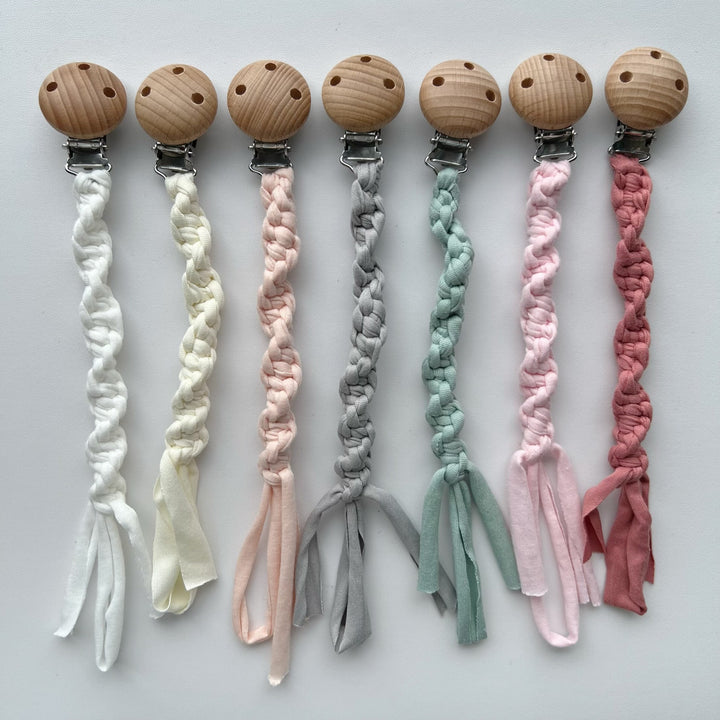 Braided Cotton Pacifier Clip with Wooden Safety Clamp