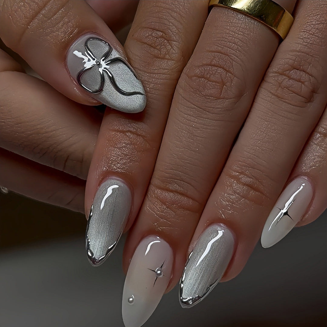 Elegant Stiletto Nail Art Extensions with Silver Accents Kalsten