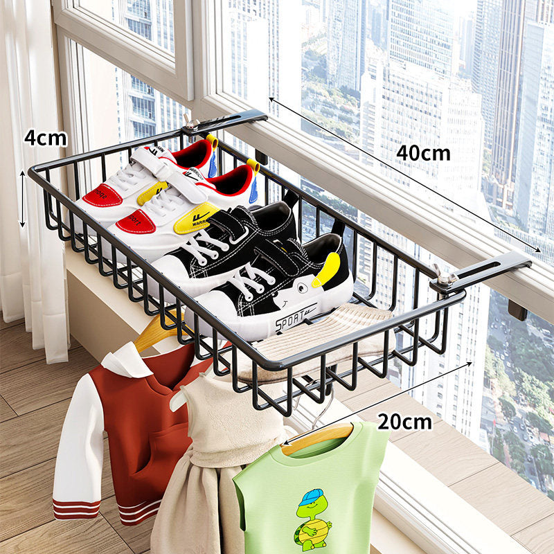 Over-Window Slide-Out Drying Rack with Wire Basket and Under-Hanger Rod