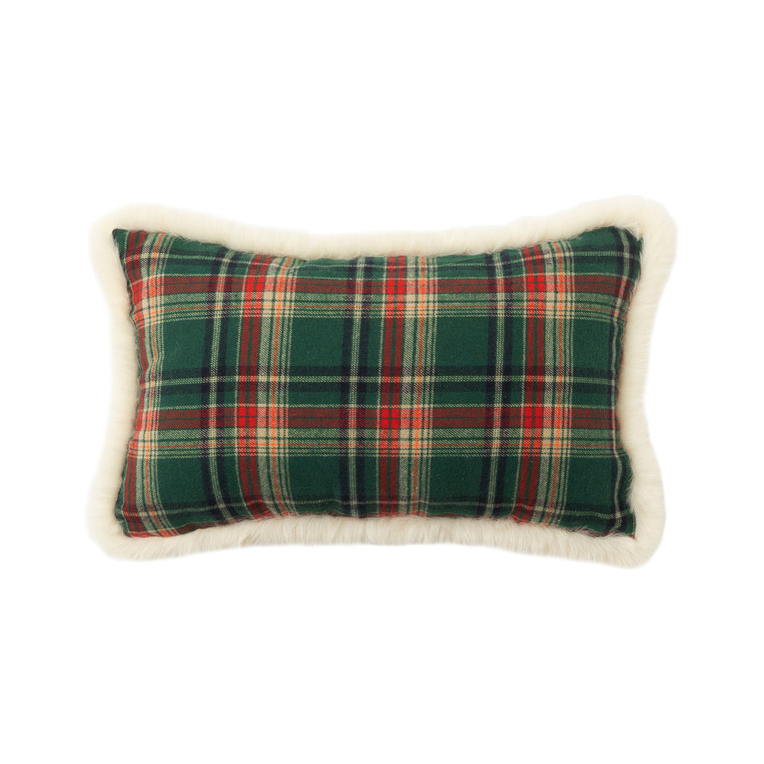 Christmas tree-shaped decorative pillow made of checked flannel with embroidered appliqués Kalsten
